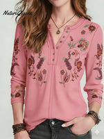 Women's Floral Print Stretch Knit Cotton Henley Top