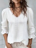 Women's V-neck Openwork Casual Mid-sleeve Shirt