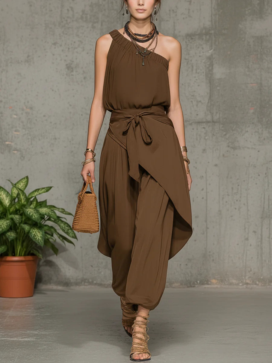 Stylish Casual Linen And Cotton One-shoulder Sleeveless Jumpsuit
