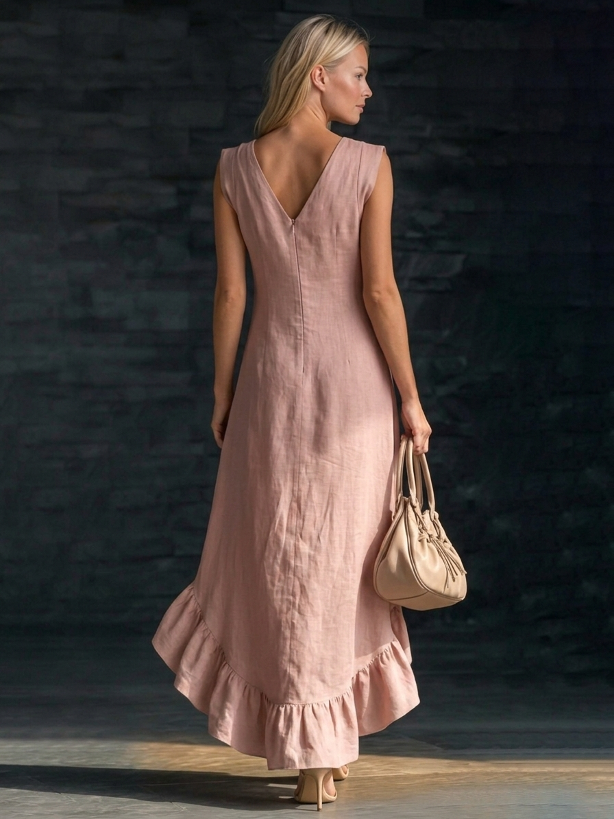 Romantic V-neck Ruffled Hem Linen-cotton Maxi Dress