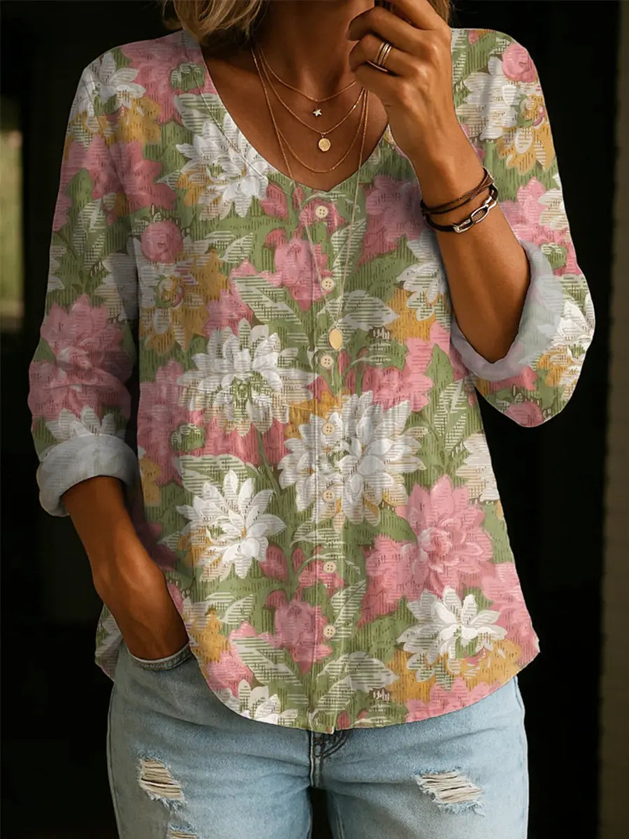 Women's Vintage Floral Pattern Art Print Casual Cotton Linen Shirt