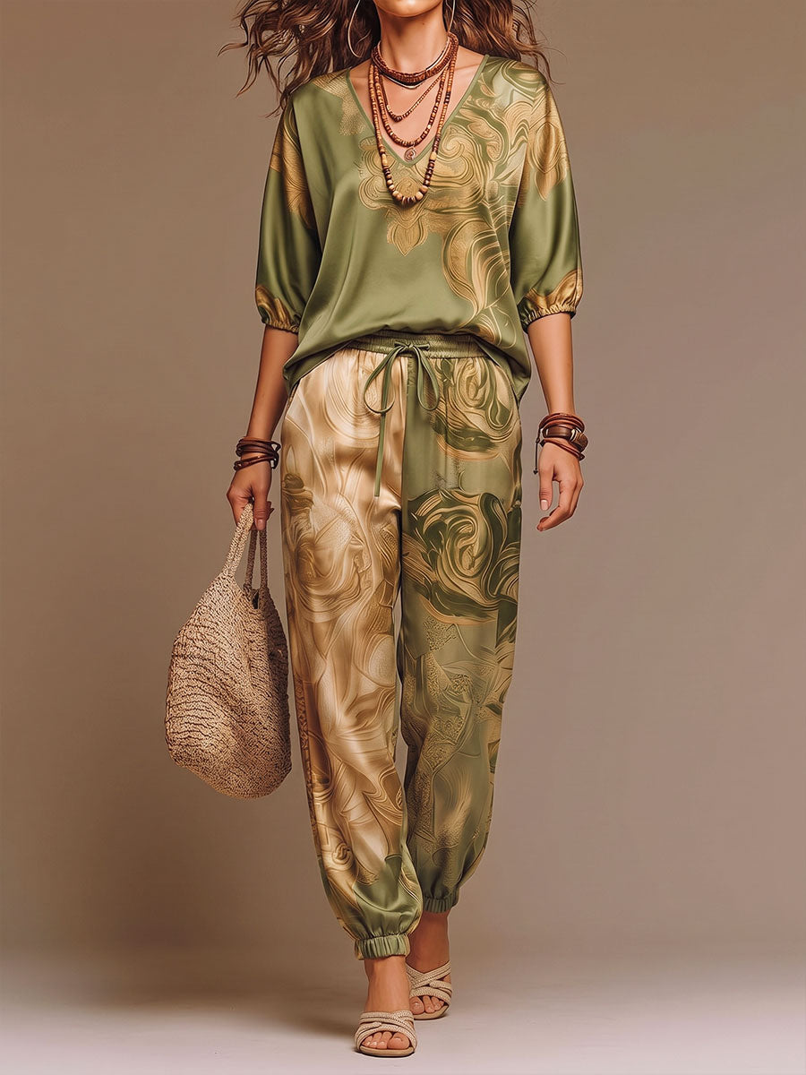 Women's Casual Satin Set: V-neck 3/4-sleeve Top With Placement Print & High-waisted Wide-leg Pants