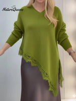 Women's Cozy Patchwork Lace Asymmetrical Hem Pullover Sweater