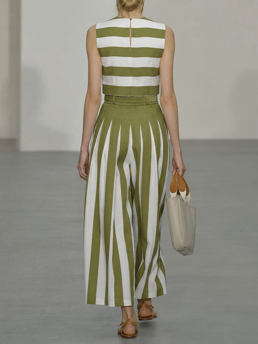 Women's Striped Cotton Two-piece Set: Crew Neck Sleeveless Loose-fit Top & High-waisted Wide-leg Pants