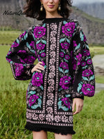 Women's Retro Floral Ethnic Print Stand Collar Long Sleeve Casual Loose Knit Dress
