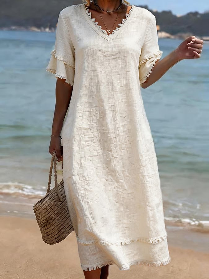 Jacquard Raw-edge V-neck Linen Resort Dress