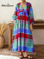 Women's Colorful Plaid Print V-neck Long Sleeve Casual Loose Cotton Linen Dress