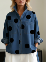 Elegant Artistic Polka Dot Print Stand-collar Denim Top