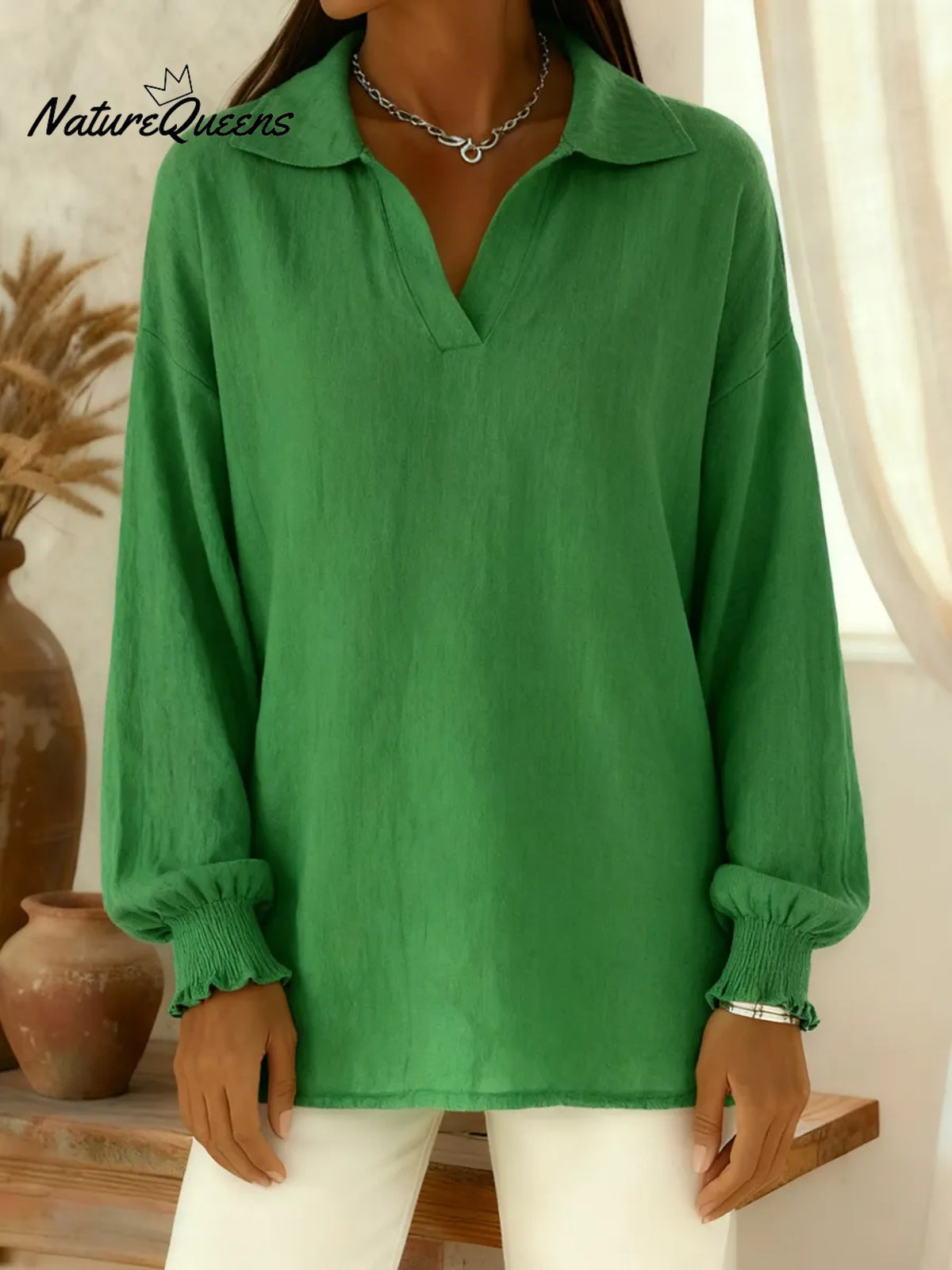 Cozy Polo Collar Lantern Sleeve Linen Shirt Top