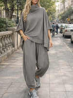 Women's Solid Color Stand-collar 3/4 Sleeve Casual Loose Knit Top And High-waisted Casual Loose Wide-leg Pants Set.