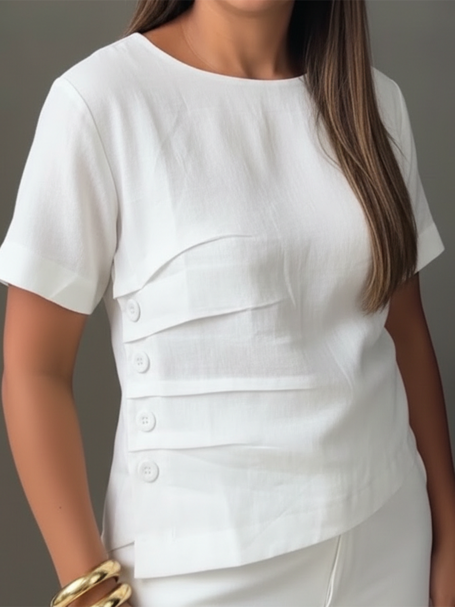 Casual Pleated Button Cotton And Linen Top
