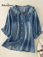 Women's Peter Pan Collar Denim Cotton Shirt