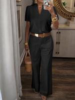 Women's Solid-color Cotton Set: V-neck Short-sleeve Loose-fit Top & High-waisted Wide-leg Pants