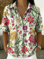Women's Vintage Botanical Floral Casual Polo Collar Short-sleeved Linen And Cotton Shirt
