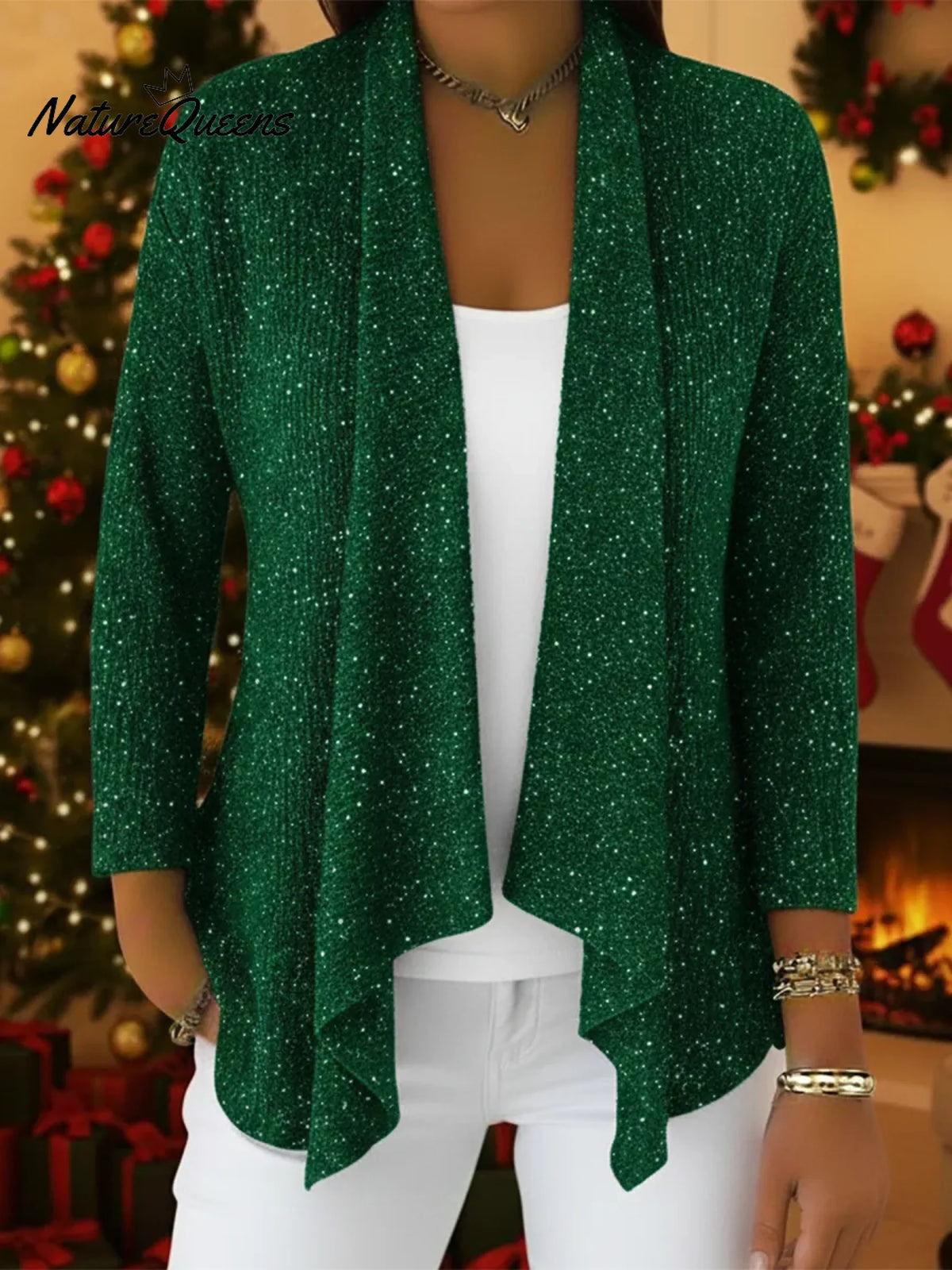 Retro-elegant Irregular Hem Shimmering Knit Cardigan