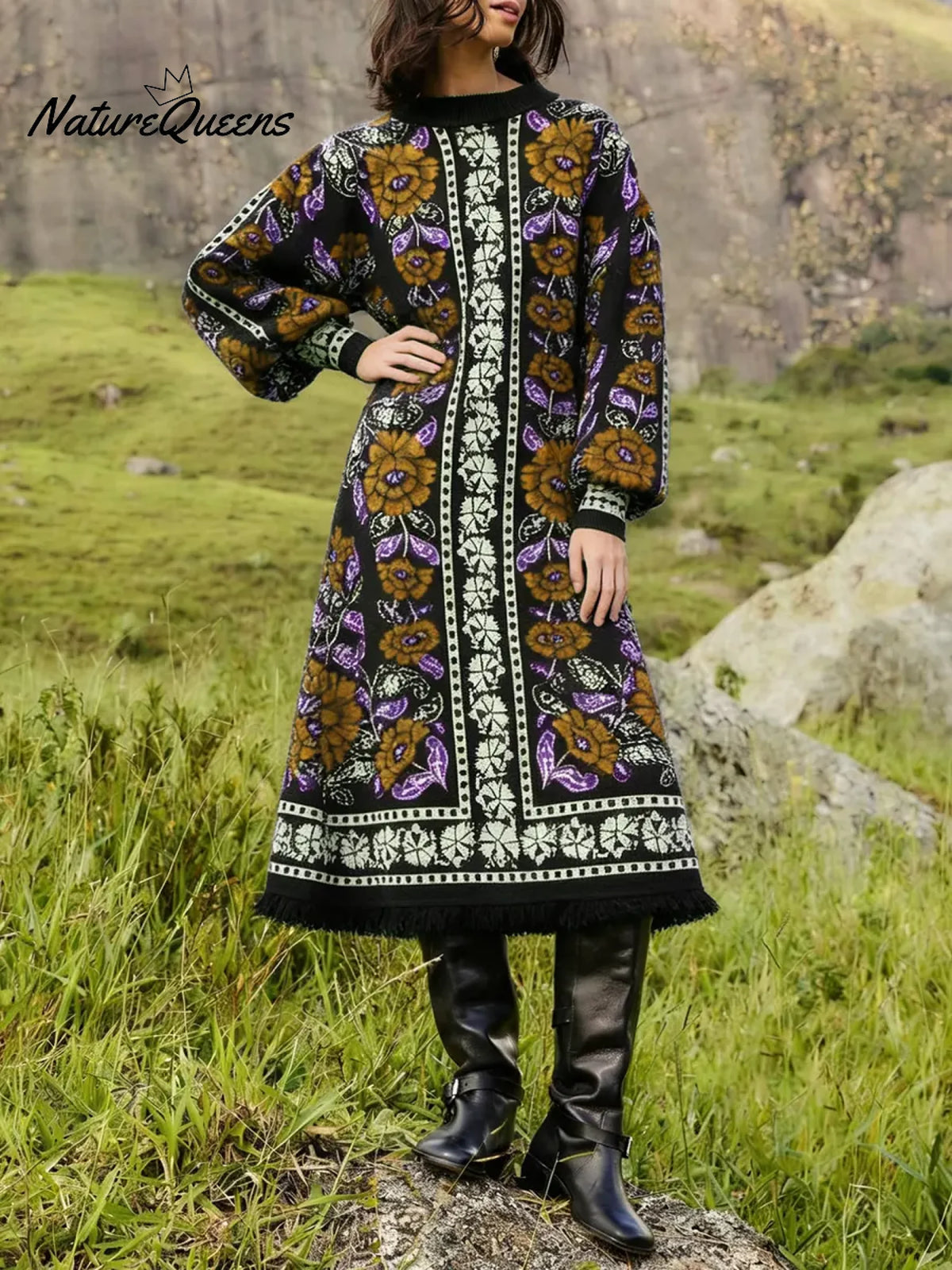 Women's Retro Floral Ethnic Print Stand Collar Long Sleeve Casual Loose Knit Dress