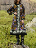 Women's Retro Floral Ethnic Print Stand Collar Long Sleeve Casual Loose Knit Dress