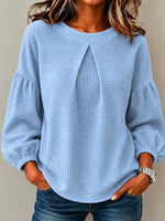 Waffle Textured Pleated Neck Bubble Sleeve Blouse