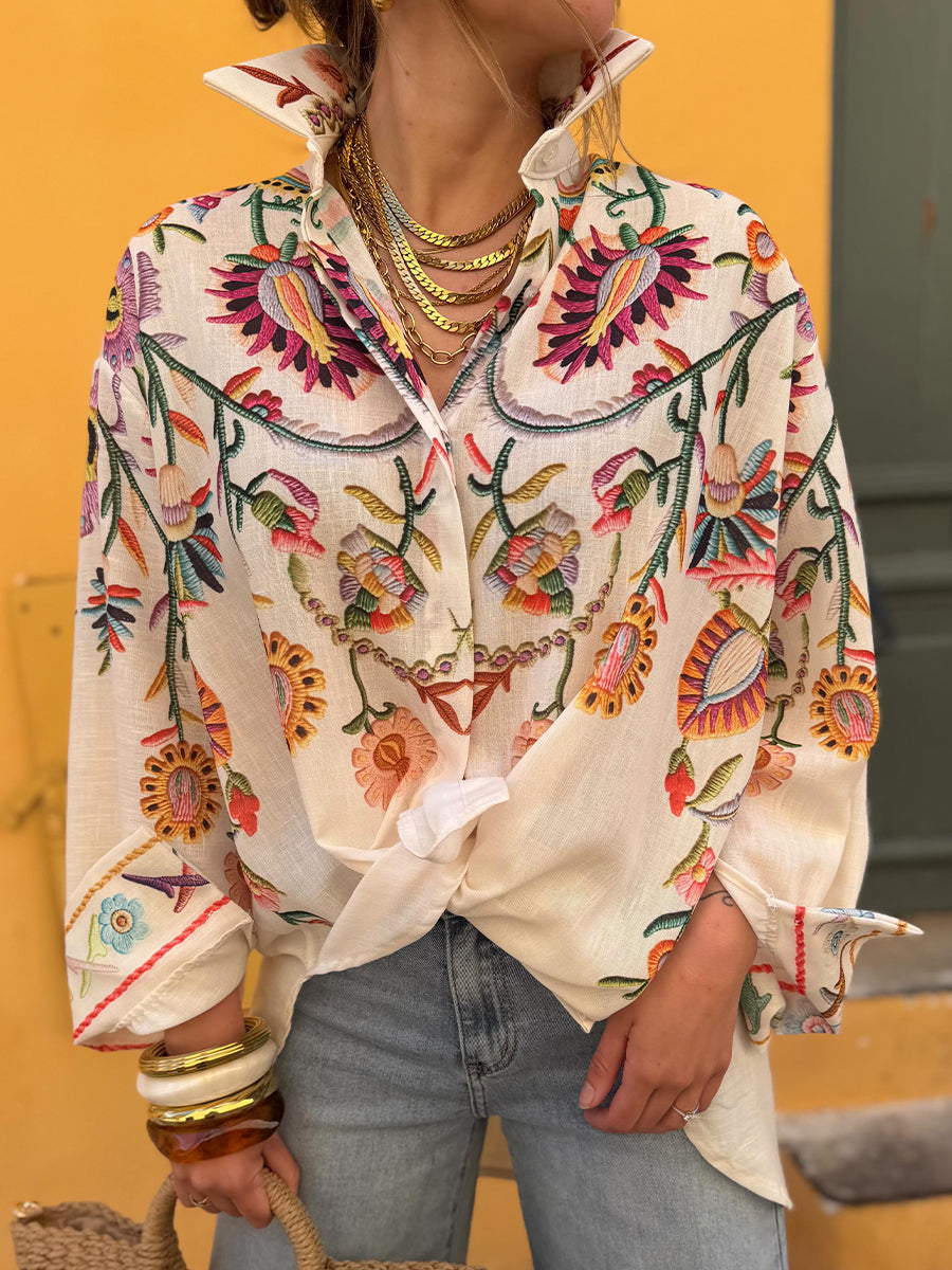 Casual And Comfortable Floral-print Linen And Cotton Shirt