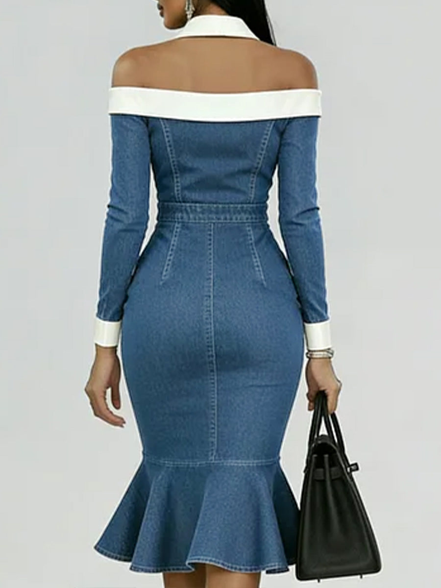 Women's Off-the-shoulder Long-sleeved Casual Loose Denim Slim-fit Dress