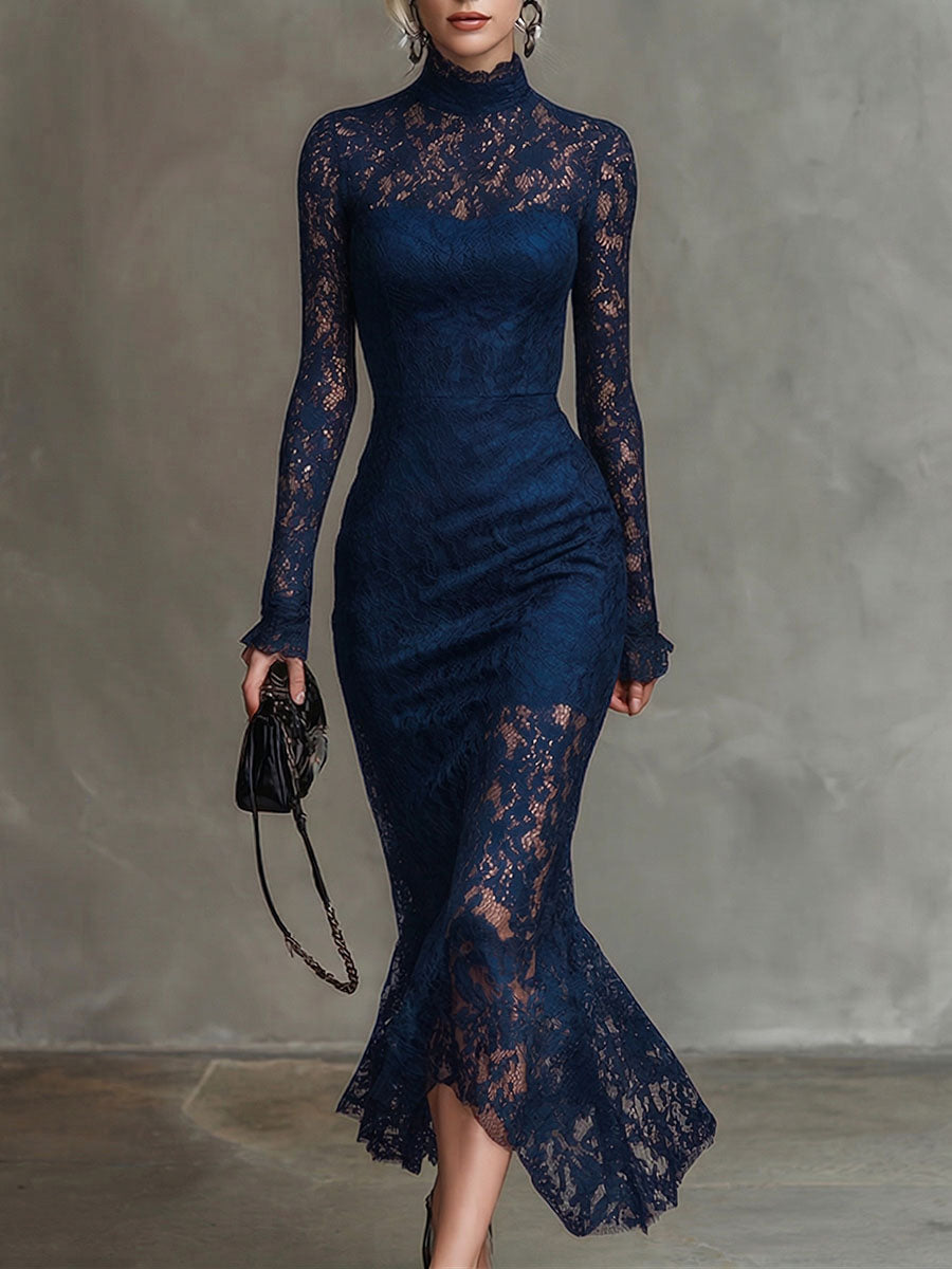 Women's Solid-color Stand-collar Long-sleeve Casual Slim-fit Lace Dress