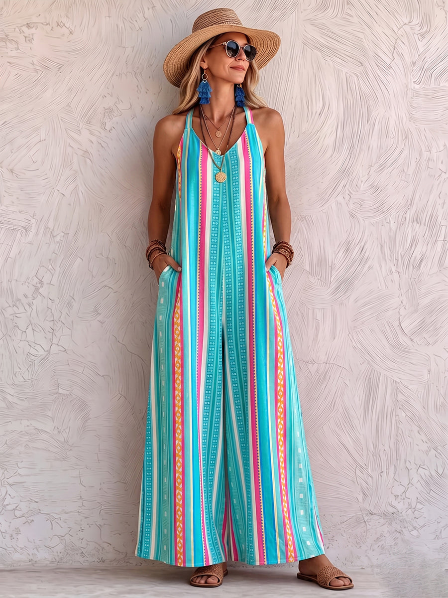 Mono holgado drapeado de rayas estilo boho vintage