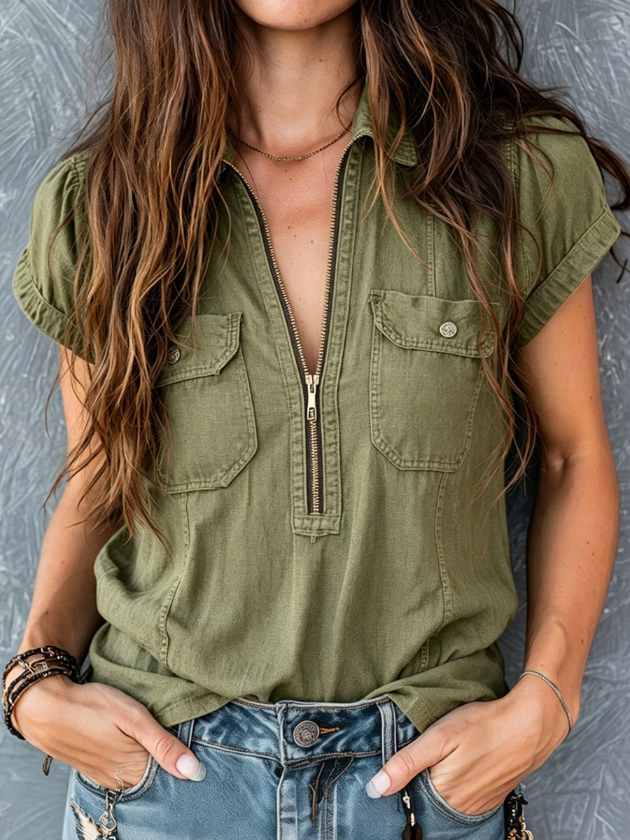 Women's Zip Stylish Pockets Art Casual Cotton Linen Shirt