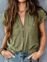 Women's Zip Stylish Pockets Art Casual Cotton Linen Shirt