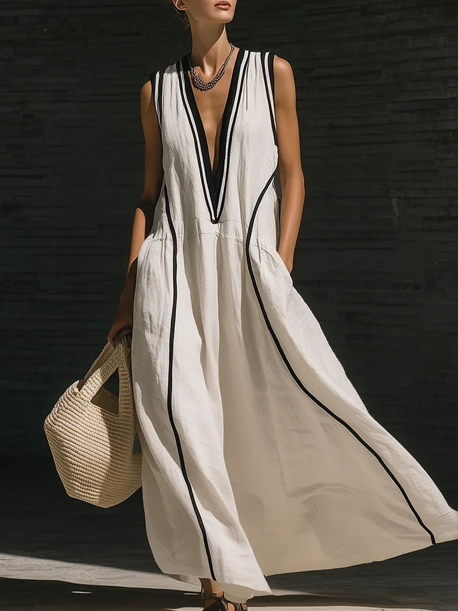 Women's V-neck Sleeveless Casual Loose Cotton-linen Dress