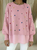 Comfortable Heart Embroidered Chiffon Patchwork Pullover Sweater