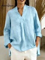 Women's Solid Color V-neck Long Sleeve Casual Loose Cotton Top