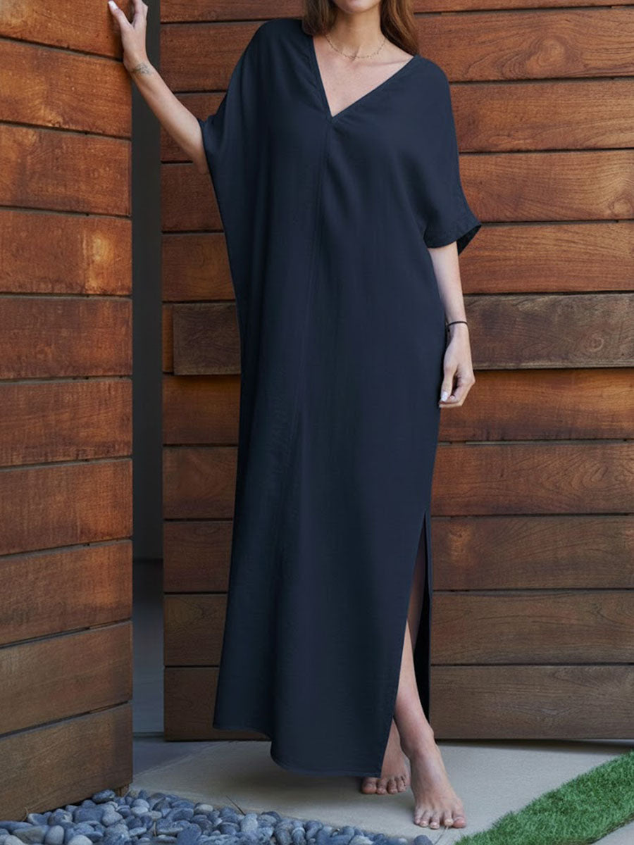 Women's Solid Color V-neck 3/4 Sleeve Casual Loose Cotton And Linen Dress