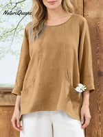 Women's Solid Color Round Neck 3/4sleeved Casual Loose Cotton And Linen Top