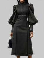 Fashionable Patchwork Leather Lantern Sleeve Denim Dress