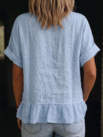 Women's Solid-color V-neck Short-sleeve Casual Loose-fit Cotton-linen & Chiffon Panel Top