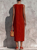 Women's Solid-color V-neck Sleeveless Casual Loose Cotton-linen Dress