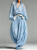 Women's Polka Dot Print V-neck Long-sleeve Loose Chiffon Top & High-waisted Wide-leg Pants Set