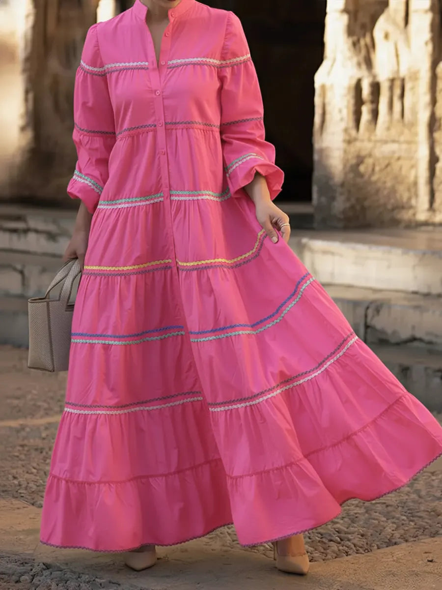 Women's Patchwork Colorful Woven Ribbon 100% Cotton Maxi Dress