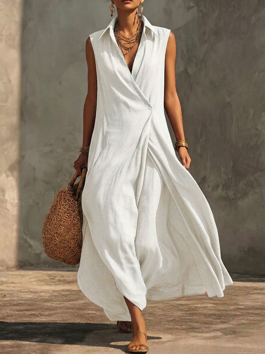 Women's Solid-color Lapel Sleeveless Loose-fit Cotton-linen Casual Dress