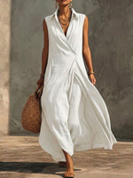 Women's Solid-color Lapel Sleeveless Loose-fit Cotton-linen Casual Dress