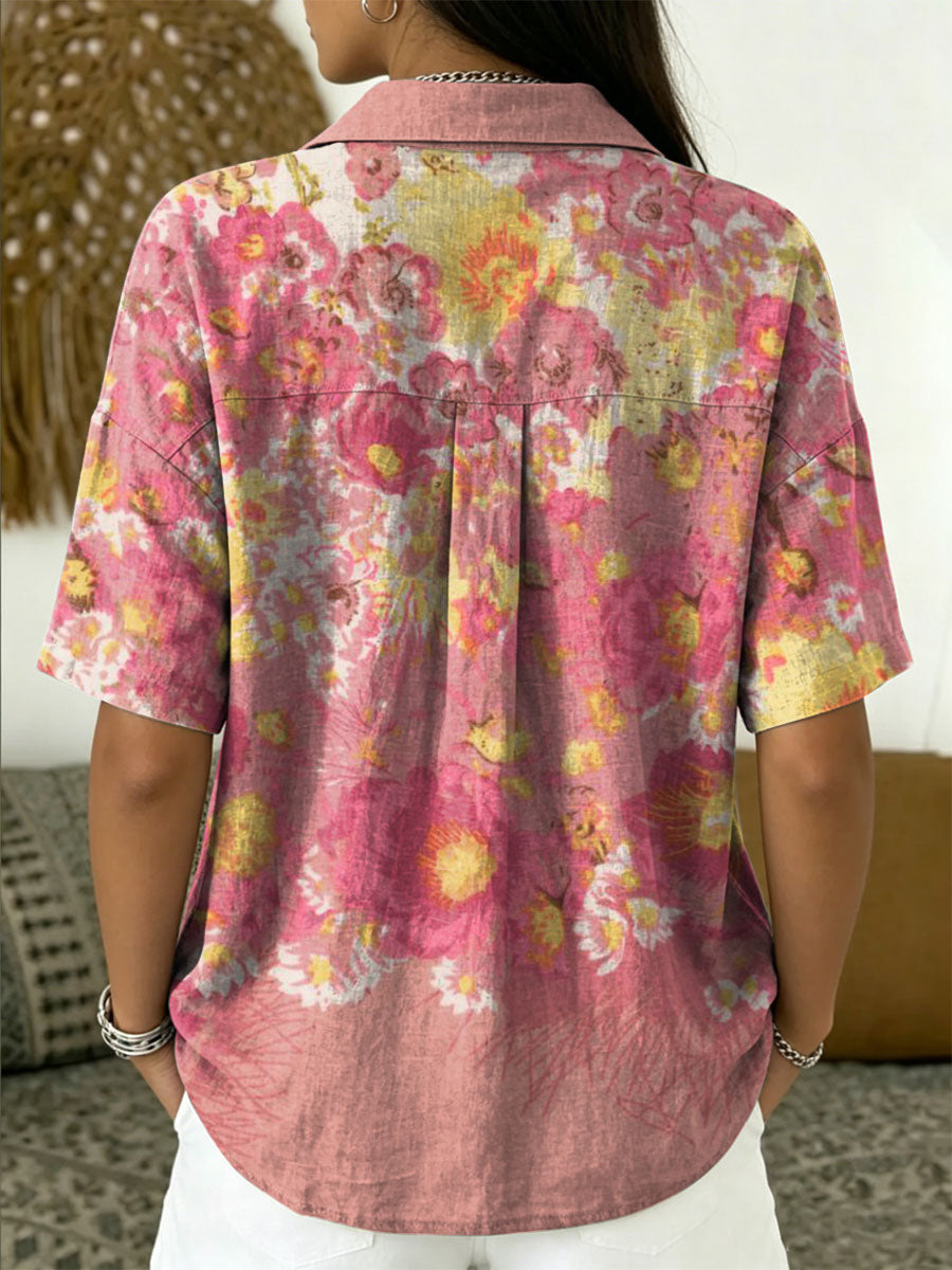 Women's Vintage Botanical Floral Casual Polo Collar Short-sleeved Linen And Cotton Shirt