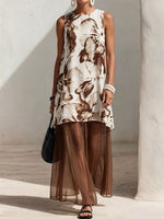 Women's Abstract Print Round-neck Sleeveless Casual Loose-fit Cotton, Linen & Chiffon Patchwork Dress