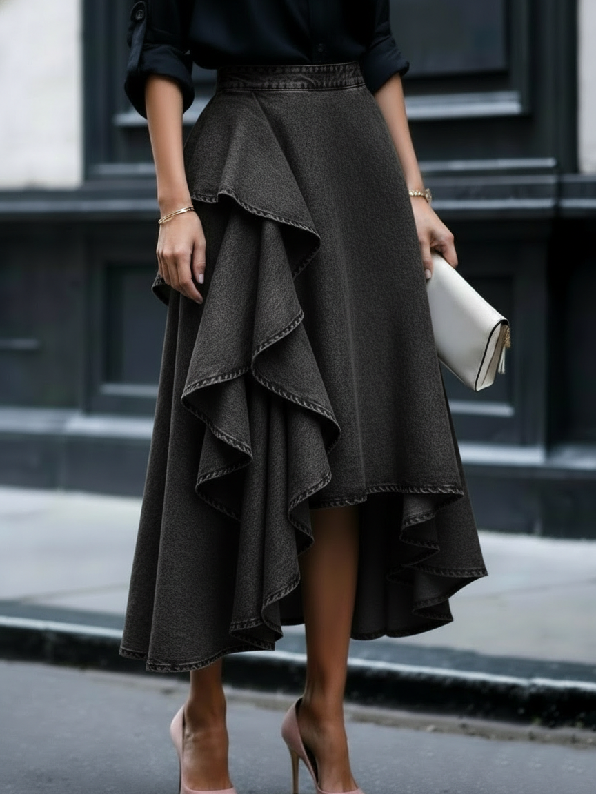 Ruffled Denim Skirt — Elegant Tiered Casual Style