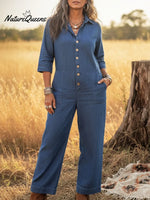 Women's Cozy Loose Collar Button-up Denim Jumpsuit
