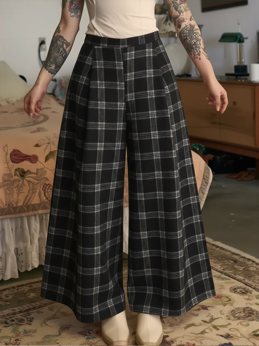 Adjustable Waist Checkered Linen And Cotton Pants