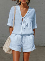 Minimalist Tie-neck Linen Cotton Two-piece Set