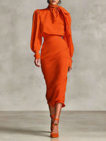 Women's Retro-style Tie-waist Long-sleeved Stand Collar Comfortable Minimalist Dress