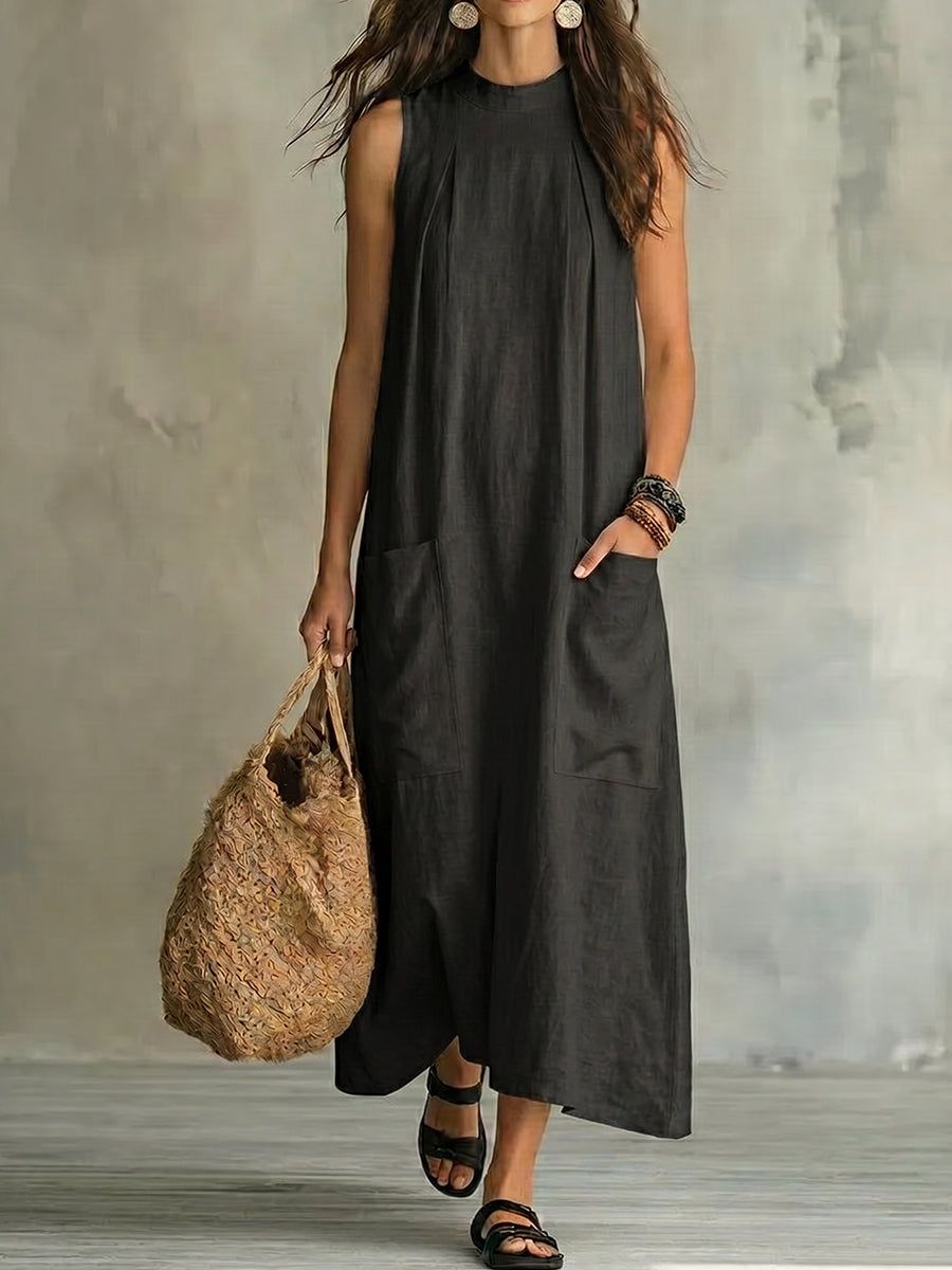 Women's Stand-collar Sleeveless Cotton-linen Dress