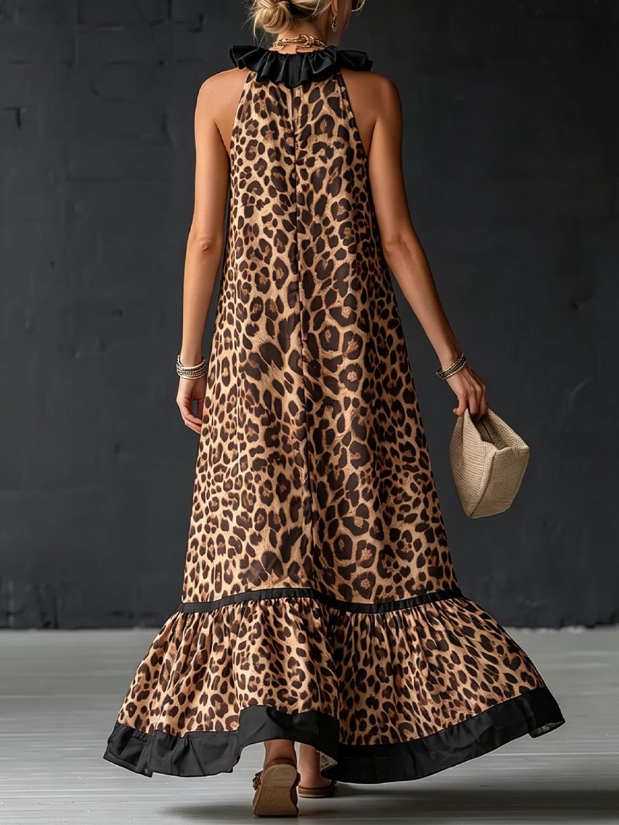 Women's Leopard Print V-neck Sleeveless Casual Loose Cotton-linen Dress