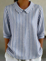 Retro Peter Pan Collar Striped Cotton-linen Shirt